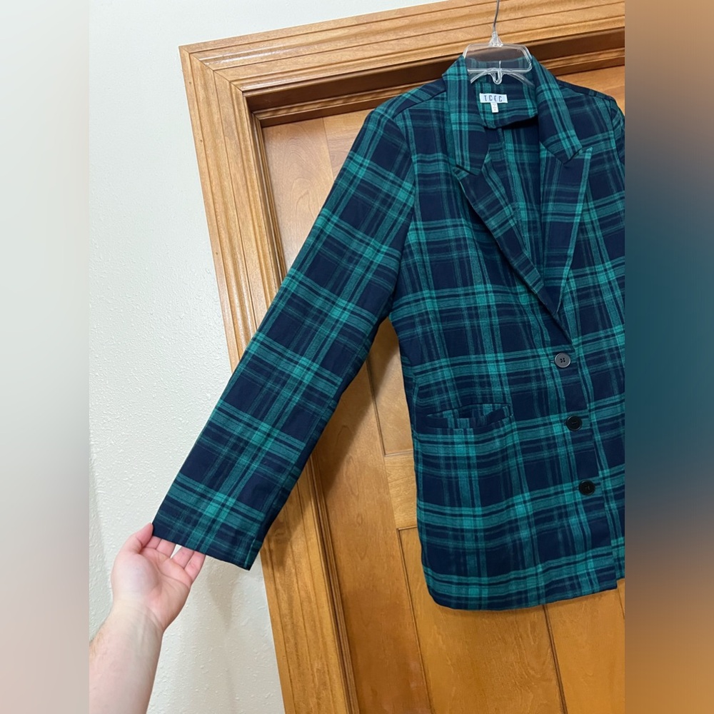 TCEC Plaid Blazer Size Medium Green and Blue Shoulder Pads Holiday Christmas - Picture 3 of 8